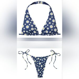 S/S M/M PINK By Frankies Bikinis Halter Thong Bikini Set Blue Denim